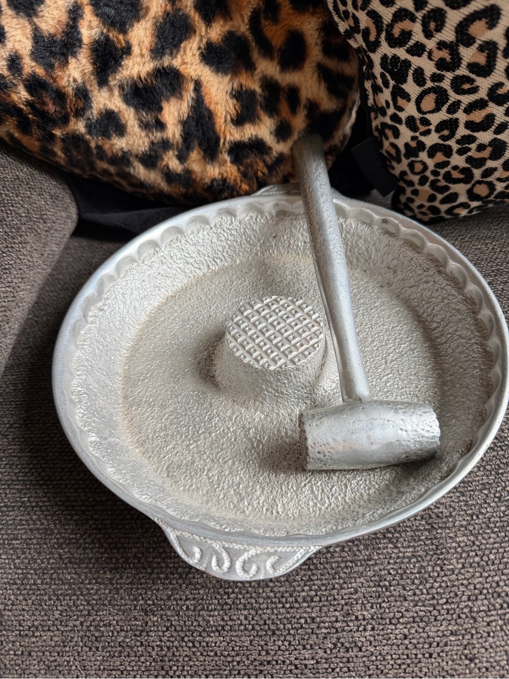 Vintage hammered aluminum nut Cracker bowl and mallet